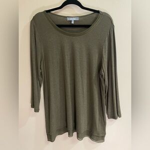 Marled Olive Top 3/4 Sleeve Sheer Hem Women’s Size L